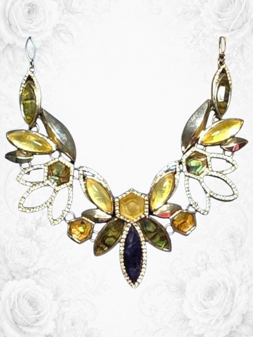 Chloe Isabel Floral Statement Abalone Crystal Necklace Bird Tag 18" Silver 38
